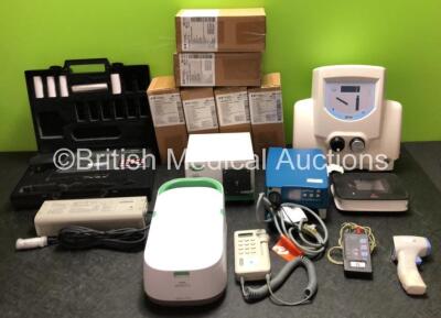 Mixed Lot Including 6 x Covidien Genius 3 Tympanic Thermometers in Boxes, 1 x Microlab 3300 Spirometer in Case, 1 x Sony AC-110MD AC Adapter, 1 x Philips Respironics Nebuliser, 1 x Huntleigh Dopplex II Fetal Doppler, 1 x Aerocrine Niox Vero Monitor, 1 x e