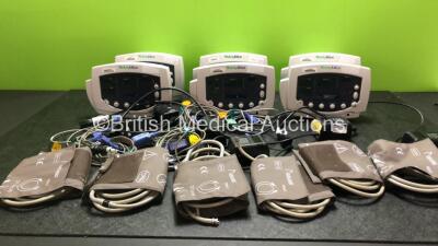 6 x Welch Allyn 53N00 Patient Monitors with 6 x AC Power Supplies, 6 x SpO2 Connection Cables, 6 x Hoses and 6 x BP Cuffs (All Power Up) *SN JA11100, JA110834, JA110842, JA111098, JA110840, JA110925*