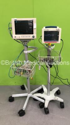 1 x Mindray PM-9000 Super Patient Monitor on Stand with Leads and 1 x Welch Allyn Propaq CS Patient Monitor on Stand with BP Hose and Cuff (Both Power Up)