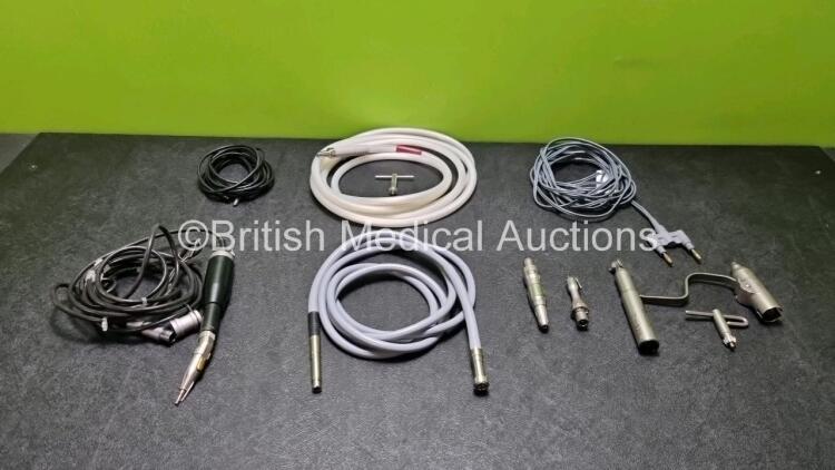 Mixed Lot Including 1 x Fischer Powerforma Handpiece, 1 x Micro Aire Wire Driver Attachment, 1 x Micro Aire Sag Saw Attachment, 1 x Stryker Core Sag Saw Handswitch, 1 x Stryker Pin Collet Attachment, 1 x Lindsay Light Source Cable, 1 x Stryker Light Sourc