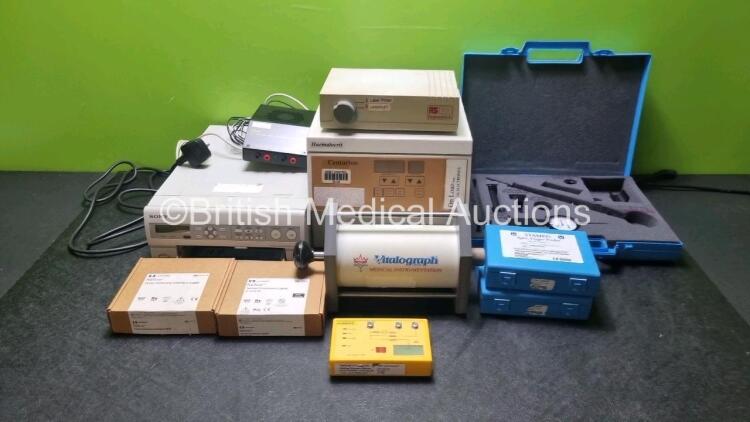 Mixed Lot Including 1 x Haematocrit Centurion Centrifuge Unit, 1 x Vitalograph Calibration Syringe, 1 x Sony UP-55MD Colour Video Printer, 1 Data Switch Label Printer, 2 x Viamed SpO2 Finger Probes, 1 x Nellcor Pulse Oximetry Interface Cable, 1 x Nellcor