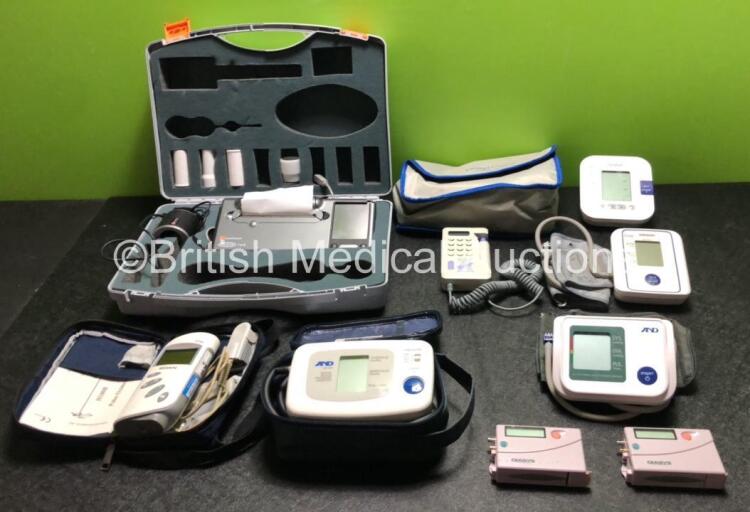 Job Lot Including 2 x Novacor Diasys Integra Blood Pressure Monitors, 2 x A&D Digital Blood Pressure Monitors (1 x Missing Battery Cover)2 x Omron Digital Blood Pressure Monitors (1 x Missing Battery Casing) 1 x Edan Pulse Oximeter in Case, 1 x Huntleigh