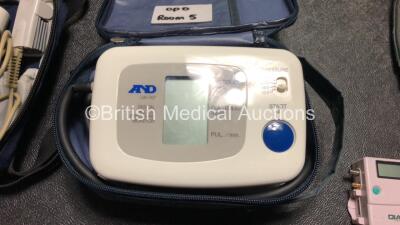 Job Lot Including 2 x Novacor Diasys Integra Blood Pressure Monitors, 2 x A&D Digital Blood Pressure Monitors (1 x Missing Battery Cover)2 x Omron Digital Blood Pressure Monitors (1 x Missing Battery Casing) 1 x Edan Pulse Oximeter in Case, 1 x Huntleigh - 6