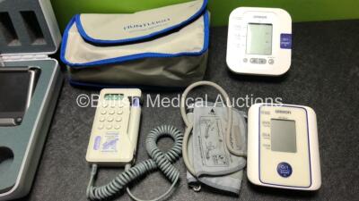 Job Lot Including 2 x Novacor Diasys Integra Blood Pressure Monitors, 2 x A&D Digital Blood Pressure Monitors (1 x Missing Battery Cover)2 x Omron Digital Blood Pressure Monitors (1 x Missing Battery Casing) 1 x Edan Pulse Oximeter in Case, 1 x Huntleigh - 9