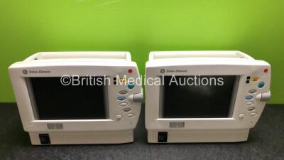 2 x GE Datex Ohmeda F-LM1-03 Monitors with ECG, SpO2 and NIBP Options (Both Power Up with Stock Power Supply, Power Supply Not Included, Both with Slight Damage to Casing - See Photos)