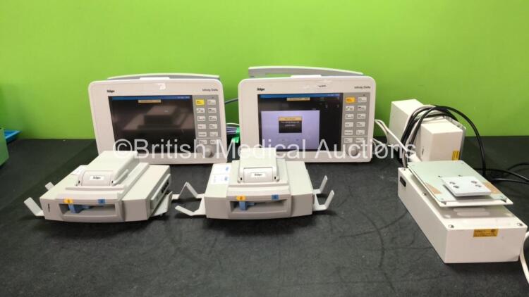 2 x Drager Infinity Delta Patient Monitors Including HemoMed 1, Aux/Hemo 3, MultiMed and NIBP Options with 2 x Drager Infinity Docking Stations and 2 x AC Power Supplies (Both Power Up) *SN 6003180472, 6001388466, 6100972174, 6100972673, MS182840510220333