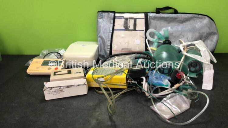 Mixed Lot Including 1 x Traction Splint, 1 x Pneupac Ventilator / Resuscitator, 2 x Breathing Masks, 1 x Omron CX Nebulizer, and Various Patient Monitoring Cables