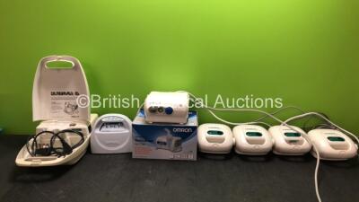 Mixed Lot Including 1 x Philips Respironics Porta Neb Nebulizer, 1 x Kendall SCD Express Pump, 1 x Omron NE-C28P Nebulizer and 4 x Ombra Table Top Compressors (All Power Up)