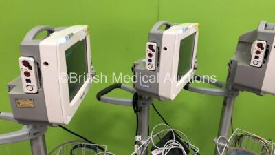 3 x Philips IntelliVue MP20 Patient Monitors on Stand with 3 x Philips M300A Multiparameter Modules with Press/Temp, NBP, SPO2 and ECG/Resp Options and Selection of Cables (All Power Up) *S/N DE72842765 / DE72842771 / DE72842801* - 5