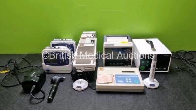 Mixed Lot Including 2 x Welch Allyn Propaq LT Patient Monitors Including ECG,/EKG, SpO2 Options, 1 x Premium Plus CO1 Curing Light with 2 x Bases, 1 x Graseby Medical Cardiac Monitor, 1 x Welch Allyn Otoscope Ref 23820, 1 x Fukuda Denshi Cardimax FX-2111 