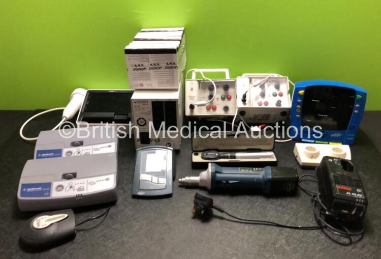 Mixed Lot Including 1 x Aerocrine Niox Vero Monitor with Probe, 2 x Medtronic Carelink Monitors, 1 x Keeler Ophthalmoscope in Case, 1 x CareFusion Baby Co Spirometer, 1 x Microlife Monitor, 1 x deSoutter CCB 96 Cast Cutter, 1 x Bosch AL 60 DV Charger, 6 x