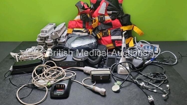 Mixed Lot Including 1 x Safequip Rescue Pro Vest , 1 x Henry Schein C4 HS-LED Light 1200, 11 x 3M TR-340 Battery Chargers, 1 Scott Safety Duraflow Air Purifier with Duraflow Charger, 1 x Airtraq Avant Wifi Camera, 1 x Hewlett Packard 21350A Transducer / P