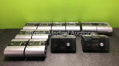 Job Lot Including 2 x ResMed Autoset S9 CPAP Units (Both Power Up with Stock Power Supply, Power Supply Not Included) and 9 x ResMed S9 CPAP Units (All Power Up, 1 x Damage to Casing - See Photos) with 1 x ResMed H5i Humidifier and 4 x Power Supplies