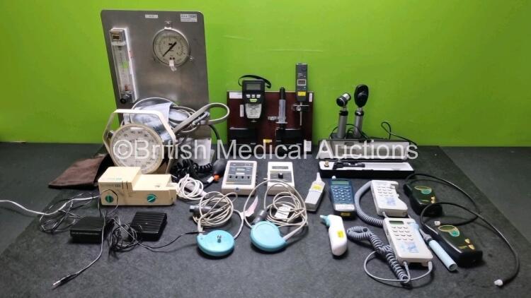 Mixed Lot Including 1 x Heine Beta 200 Ophthalmoscope with 1 x Heine NT 200 Charging Station, 1 x Mecmesin Compact Force Gauge, 1 x Fluke PS415 Patient Simulator, 1 x Fluke DPM2Plus Pressure Meter , 3 x Corometrics Nautis Transducers, 2 x Tracker NIBP M