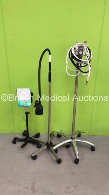 Mixed Lot Including 1 x Bird Low Flow Air/O2 Blender on Stand with Hoses, 1 x Patient Examination Lamp on Stand (Cut Power Supply) and 1 x Blood Pressure Meter on Stand