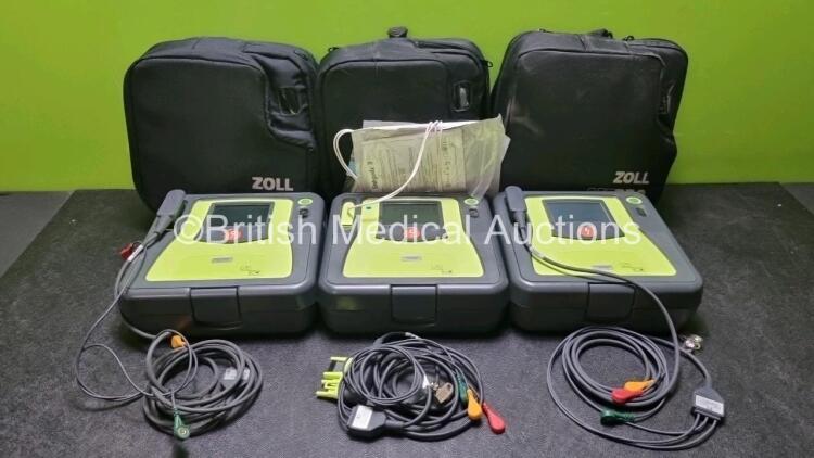 3 x Zoll AED PRO Defibrillators with 3 x Batteries, 3 x 3 Lead ECG Leads, (All Power Up) *SN AA11C020074 / AA10C016683 / AA13C02771*