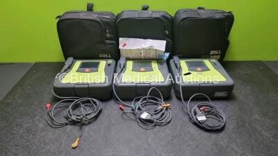 3 x Zoll AED PRO Defibrillators with 3 x Batteries, 3 x 3 Lead ECG Leads, 1 x Out of Date Electrode Pack (All Power Up) *SN AA07B005020 / AA13C027874 / AA13C027798*