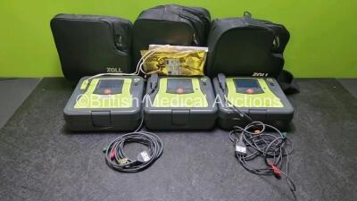 3 x Zoll AED PRO Defibrillators with 3 x Batteries, 2 x 3 Lead ECG Leads, 3 x In Date Electrode Pack (All Power Up) *SN AA13C027899 / AA13C027935 / AA10C0126822*