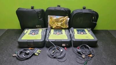 3 x Zoll AED PRO Defibrillators with 3 x Batteries, 3 x 3 Lead ECG Leads, 3 x in Date Electrode Pack (All Power Up) *SN AA13A027311 / AA13B027595 / AA10C016585*