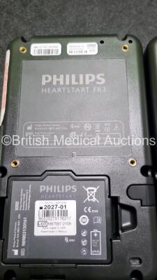 2 x Philips Heartstart FR3 Defibrillators In Carry Cases with 2 x Philips Heartstart Batteries Ref 989803150161 *Install Before 01-2027 / 02-2024* (Both Power Up) *SN C14C00398 / C18G01217* - 5