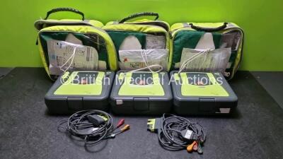 3 x Zoll AED PRO Defibrillators in Carry Cases with 3 x Batteries, 2 x 3 Lead ECG Leads, 3 x Electrode Packs *Out of Date* (All Power Up) *SN AA10B016244 / AA10C016900 / AA13B027593*