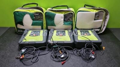 3 x Zoll AED PRO Defibrillators in Carry Cases with 3 x Batteries, 3 x 3 Lead ECG Leads, (All Power Up) *SN AA13CO27929 / AA10C016669 / AA10B016242*