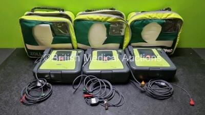 3 x Zoll AED PRO Defibrillators with 3 x Batteries, 3 x 3 Lead ECG Leads, (All Power Up) *SN AA11A019654 / AA10C016865 / AA09C013154*