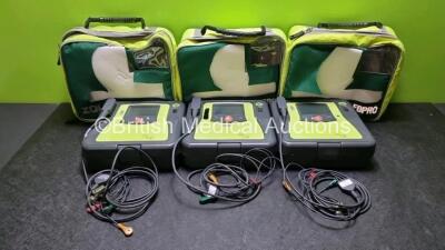 3 x Zoll AED PRO Defibrillators with 3 x Batteries, 3 x 3 Lead ECG Leads, (All Power Up) *SN AA10B016538 / AA10C016921 / AA10B016325*