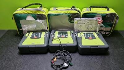 3 x Zoll AED PRO Defibrillators with 3 x Batteries, 1 x 3 Lead ECG Leads, 3 x Out of Date Electrode Packs (All Power Up Slight Scratches On Screen - See Photo) *SN AA10C016687 / AA110C016873 / AA06I003597*