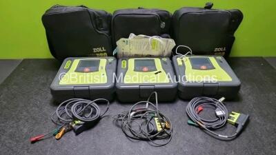 3 x Zoll AED PRO Defibrillators with 3 x Batteries, 3 x 3 Lead ECG Leads (Power Up) *SN