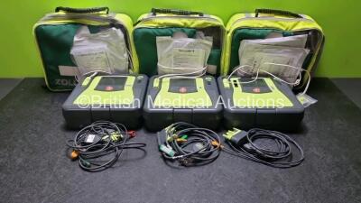 3 x Zoll AED PRO Defibrillators with 3 x Batteries, 3 x 3 Lead ECG Leads, 6 x Out of Date Electrode Packs (All Power Up) *SN AA09F0134926 / AA10C016644 / AA10C016871*