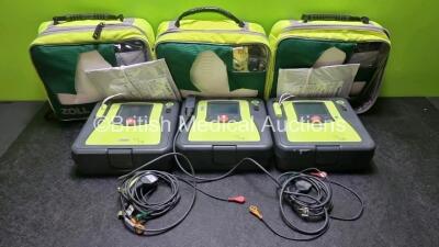 3 x Zoll AED PRO Defibrillators with 3 x Batteries, 3 x 3 Lead ECG Leads 4 x Electrode Packs *2 x In Date 2 x Out of Date* (All Power Up) *SN AA07E005943 / AA10C016844 / AA10C016788*