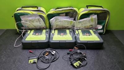 3 x Zoll AED PRO Defibrillators with 3 x Batteries, 2 x 3 Lead ECG Leads 7 x Out of Date Electrode Packs (All Power Up) *SN AA1OC01 / AA05C000333 / AA10C016670*