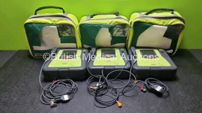 3 x Zoll AED PRO Defibrillators with 3 x Batteries, 3 x 3 Lead ECG Leads (All Power Up) *SN AA08C008408 / AA11