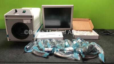 Mixed Lot Including Laservac 750 Smoke Evacuator Unit (Powers Up) 2 x Trans Warmer Ref 20421 Infant Transport Mattresses, 1 x Elo Monitor (Untested Due to Missing Power Supply) 12 x Marshall MAC 4 Single Use Laryngoscope Blade