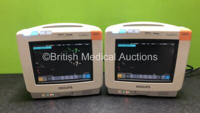 2 x Philips IntelliVue MP5 Patient Monitors with ECG, SpO2 and NBP Options (Both Power Up)