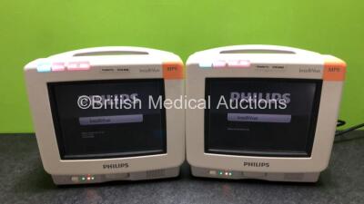 2 x Philips IntelliVue MP5 Patient Monitors with ECG, SpO2 and NBP Options (Both Power Up)