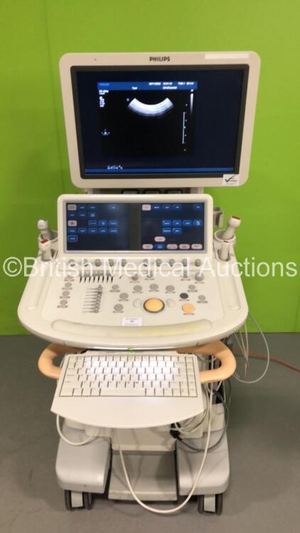 Philips iE33 Flat Screen Ultrasound Scanner *S/N 039VPM* **Mfd 12/2009** on F.3 Cart -Software Version 5.2.1.245 with 5 x Probes (L15-7io / S8-3 / S12-4 / S5-1 and C8-5 - Middle Port Not Working) (Powers Up) ***IR669***