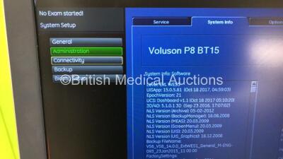 GE Voluson P8 Flat Screen Ultrasound Scanner Ref 5589191 *S/N 298659SU4* **Mfd 07/2015** Software Version 14.0.0 (15.0.5.81) with 1 x Transducer / Probe (4C-RS Ref 5125386 *Mfd 03/2020*) and Sony UP-895MD Digital Graphic Printer (Powers Up - Roller Ball N - 4