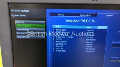 GE Voluson P8 Flat Screen Ultrasound Scanner Ref 5589191 *S/N 298659SU4* **Mfd 07/2015** Software Version 14.0.0 (15.0.5.81) with 1 x Transducer / Probe (4C-RS Ref 5125386 *Mfd 03/2020*) and Sony UP-895MD Digital Graphic Printer (Powers Up - Roller Ball N - 5