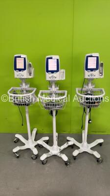 3 x Welch Allyn SPOT LXi Vital Signs Monitors with Power Supplies and SpO2 Leads/Sensors on Stands (All Power Up) *NA*(S)