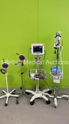 Mixed Lot Including 1 x Fisher and Paykel MR810AEK Humidifier on Stand with Hose, 1 x Philips IntelliVue MP5 Patient Monitor on Stand with Leads and 2 x Blood Pressure Meters on Stands (All Power Up)