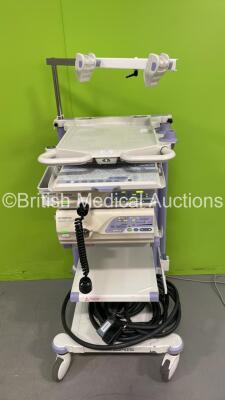 Olympus Stack Trolley with Olympus Evis Lucera CV-260SL Digital Processor, Olympus Evis Lucera CLV-260SL Light Source, Olympus MAJ-1154 Pigtail Connector and Olympus ECS-260 Connector Cable (Powers Up) *S/N