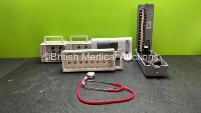 Mixed Lot Including 2 x APC Medical Model 4170 Bedside Monitors, 1 x Welch Allyn Connex Spot Monitor (Untested Due to Missing Power Supply) 1 x Philips M8048A Module Rack and 1 x Abby Surgical Sphygmomanometer and 1 x Stethoscope