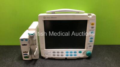 Job Lot Including 1 x GE Datex-Ohmeda F-FM-00 Patient Monitor (Does Not Power Up, Damaged Casing and Handle - See Photos) with 1 x GE E-PSM-00 Module Including ECG, SpO2, T1/T2 and NIBP Options and 1 x GE N-FC-00 Module with Mini D-Fend Water Trap