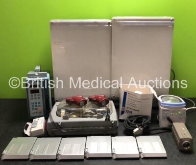 Mixed Lot Including 2 x X-Ray Viewing Screens (1 x Missing Plug) 1 x IVAC 572 Variable Pressure Volumetric Pump, 1 x Focus Research CE70 Unit, 6 x GE 5401272 Rechargeable Smart Batteries (Untested) 2 x EZ-IO G3 Power Drivers (Both Power Up with Low Batter