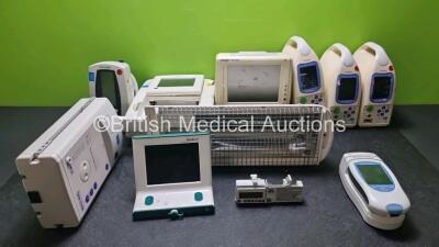 Mixed Lot Including 1 x Fukuda Denshi DS-7100 Patient Monitor Including ECG, SpO2, TEMP, NIBP, BP and Printer Options, 3 x Fukuda Denshi DS-7001 Patient Monitors Including ECG, SpO2, and NIBP Options, 1 x Welch Allyn Spot Vital Signs Monitor, 1 x Philips 