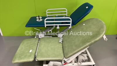 1 x Bristol Maid Electric 3 Way Patient Examination Couch with Foot Controller and 1 x Delta Electric 3 Way Electric Patient Examination Couch with Controller (Both Power Up)