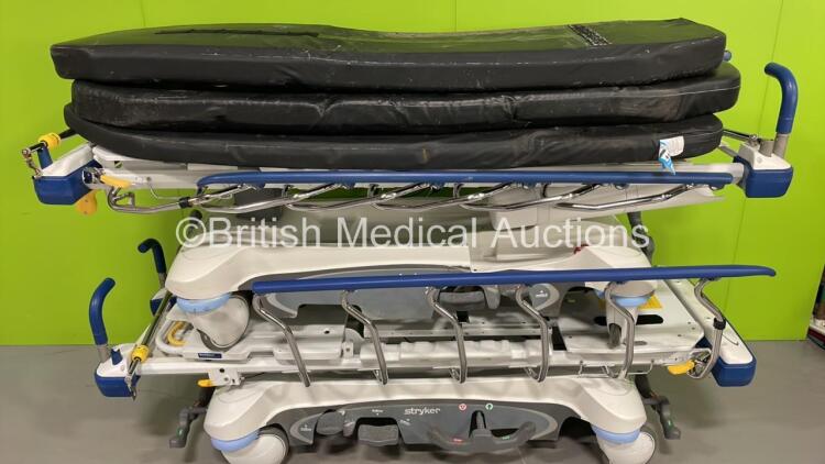 2 x Stryker 1105 5th Wheel Patient Stretchers with 3 x Mattresses (Hydraulics Tested Working)