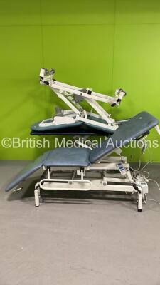 1 x Medi Plinth Electric Patient Examination Couch with Controller (Powers Up) , 1 x Unknown Make of 3 Way Electric Patient Examination Couch (Unable to Power Test Due to No Controller) and 1 x Huntleigh 3 Way Electric Patient Examination Couch with Contr